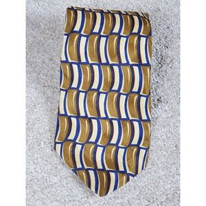 Tom James Silk Neck Tie Geometric Design Gold Blue and Cream 58"
